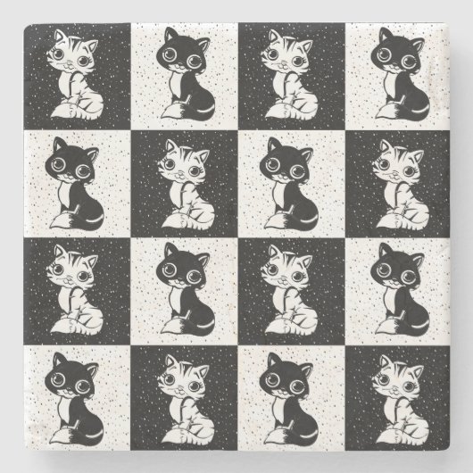 Schwarz-weißer Katzenmonogramm-Block Steinuntersetzer (Vorderseite)