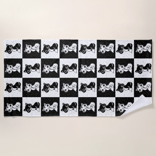 Schwarz-weißer Katzenmonogramm-Block Strandtuch (Vorderseite)