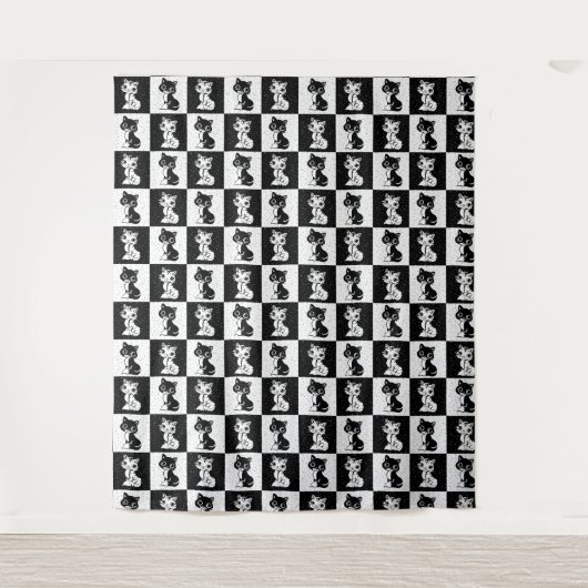 Schwarz-weißer Katzenmonogramm-Block Wandteppich (Vorderseite)