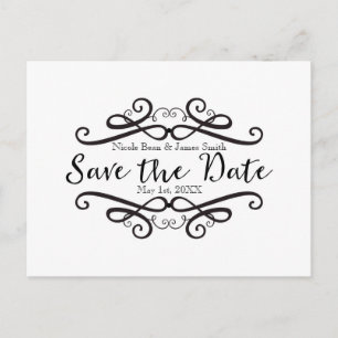 Schwarz-weißer Klassiker Vintage Save the Date Ankündigungspostkarte