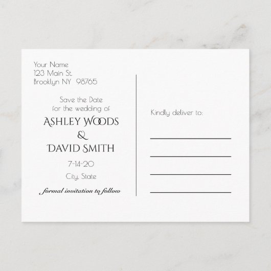 Schwarz-weißer Kreis Save the Date Einladungspostkarte (Rückseite)