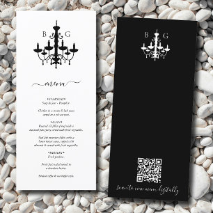 Schwarz-weißer Kronleuchter-Monogramm-Hochzeitcode Menükarte