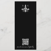 Schwarz-weißer Kronleuchter-Monogramm-Hochzeitcode Menükarte (Rückseite)