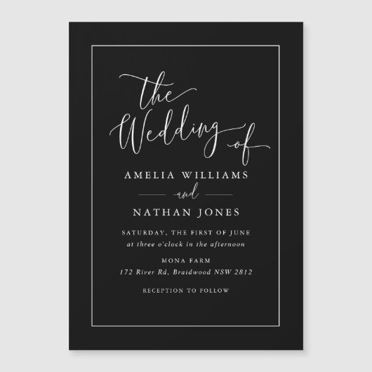 Schwarz-weißer Kühlschrankmagnet zur Einladung von (Vorderseite)