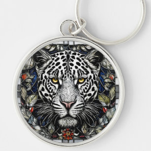 Schwarz-weißer Leopard, umgeben von Blumen Schlüsselanhänger