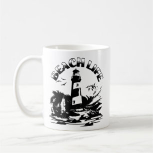 Schwarz-weißer Leuchtturm Strand Leben Kaffeetasse