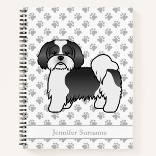 Schwarz-weißer Lhasa-Apso-Cartoon-Hund & Name Notizblock
