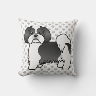 Schwarz-weißer Lhasa-Apso-Cartoon-Hund & Pfoten Kissen