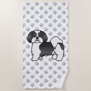 Schwarz-weißer Lhasa Apso süßer Cartoon-Hund Strandtuch