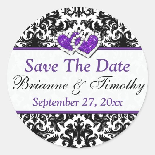 Schwarz-weißer Lila Damast Save the Date Aufkleber (Vorderseite)