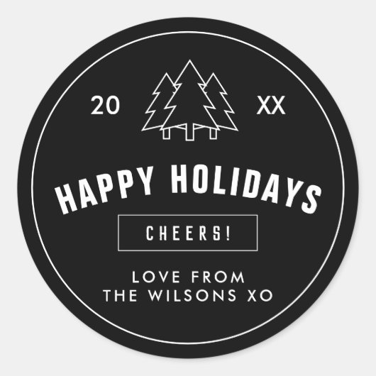 Schwarz-weißer Logo-Stil Moderne Weihnachtsbaumkla Runder Aufkleber (Vorderseite)