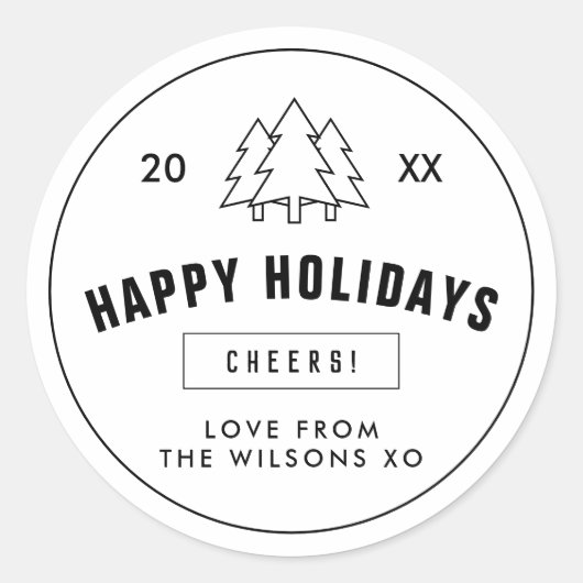 Schwarz-weißer Logo-Stil Moderner Weihnachtsbaum Runder Aufkleber (Vorderseite)