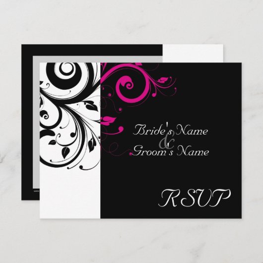 Schwarz +Weißer Magenta-Swirl Hochzeitspassende UA RSVP Karte (Vorne/Hinten)
