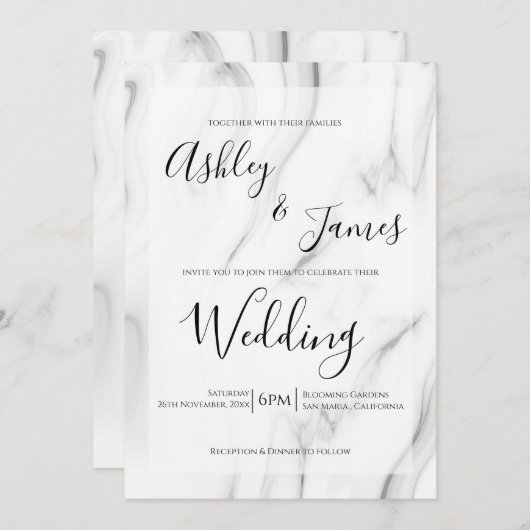Schwarz-weißer Marmor Elegante Script Wedding Einl Einladung (Vorne/Hinten)