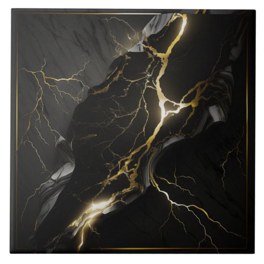 Schwarz-weißer Marmor mit hellen Goldadern Fliese (Vorderseite)