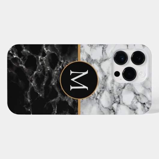 Schwarz-weißer Marmorstein für Monogramm iPhone Hülle (Rückseite (Horizontal))