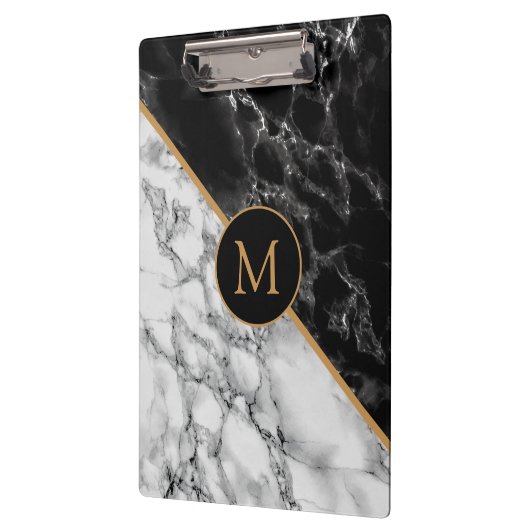 Schwarz-weißer Marmorstein Moderne Monogramm-Zwisc Klemmbrett (Links)