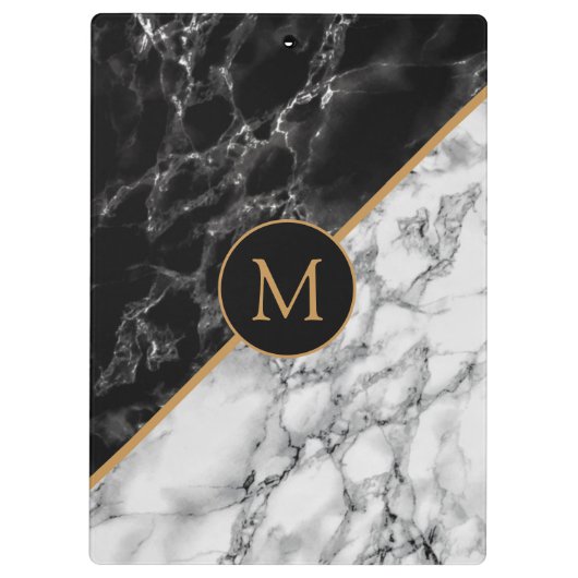 Schwarz-weißer Marmorstein Moderne Monogramm-Zwisc Klemmbrett (Rückseite)