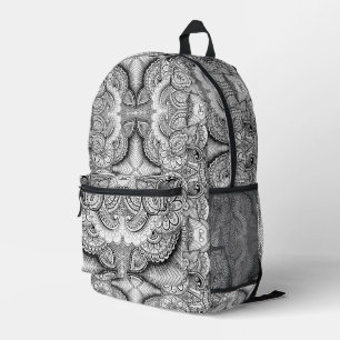 Schwarz-weißer maximalistischer floraler Mandala-K Bedruckter Rucksack