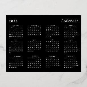 Schwarz-weißer minimalistischer Kalender 2026 Folien Feiertagspostkarte