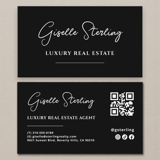 Schwarz-weißer Minimalistischer Script QR-Code Visitenkarte