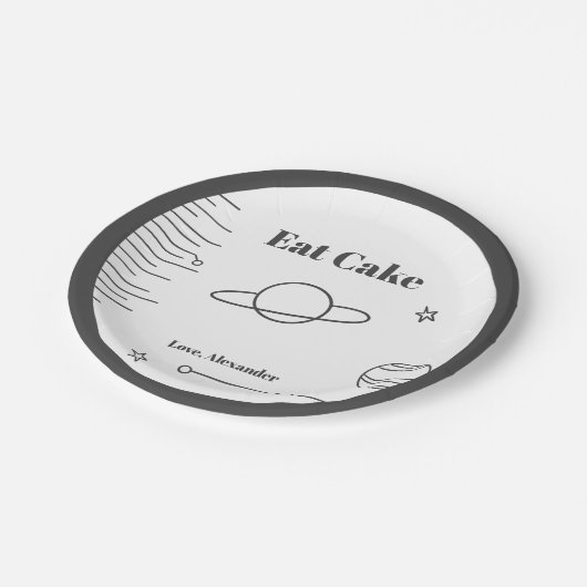 Schwarz-weißer Minimalistischer Tee Cake Space The Pappteller (Schrägansicht)