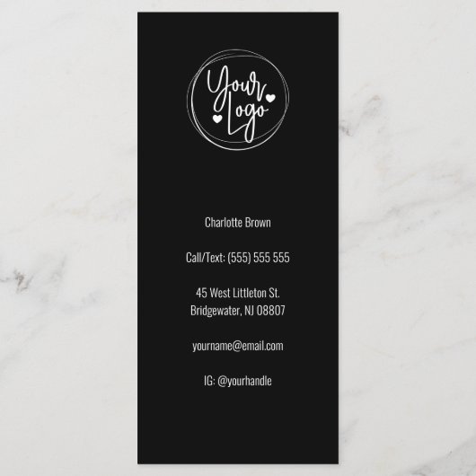 Schwarz-weißer moderner Kalligraphiepreis Salon Menükarte (Rückseite)