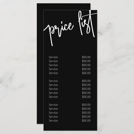 Schwarz-weißer moderner Kalligraphiepreis Salon Menükarte (Vorne/Hinten)