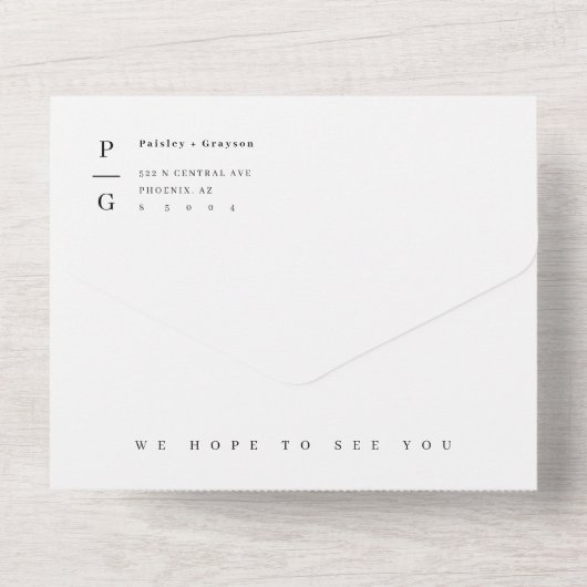 Schwarz-weißer moderner Minimaler Arch Foto QR Cod All In One Einladung (Rückseite)