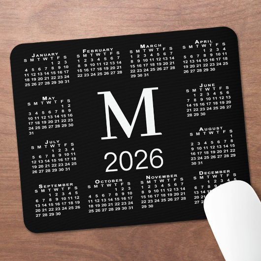 Schwarz-weißer Monogramm-Kalender 2026 Mousepad