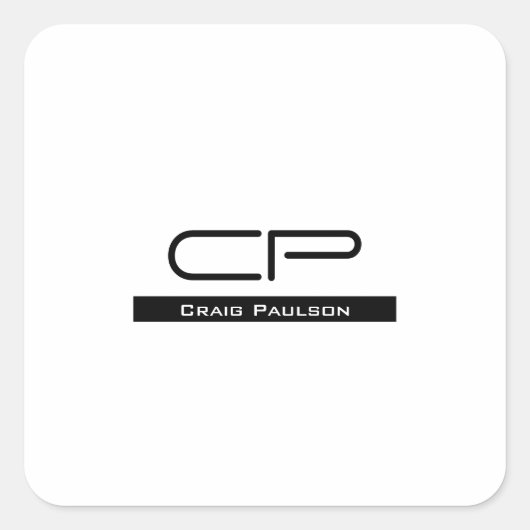 Schwarz-weißer Monogramm Name Modern Schlicht einf Quadratischer Aufkleber (Vorderseite)