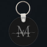 Schwarz-weißer Monogrammname Elegante Modernes Skr Schlüsselanhänger<br><div class="desc">Einfache Schwarz-weiße Monogram Elegant Moderner Script-Schlüsselanhänger</div>