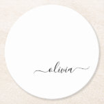 Schwarz-weißer Name für das Girl-Monogramm Runder Pappuntersetzer<br><div class="desc">Untersetzer für einfache,  schwarze und weiße Skripte Monogram Name Paper. Dies macht den perfekten Abschluss,  Geburtstag,  Hochzeit,  Brautparty,  Jubiläum,  Babydusche oder Junggeselinnen-Abschied Geschenk für jemanden,  die Lieben glamourösen Luxus und schicke Stile.</div>