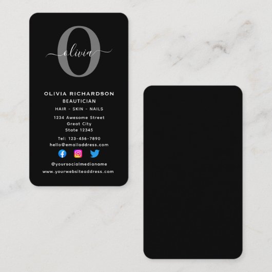 Schwarz-weißer Name für das vertikale Monogramm Visitenkarte (Vorne/Hinten)