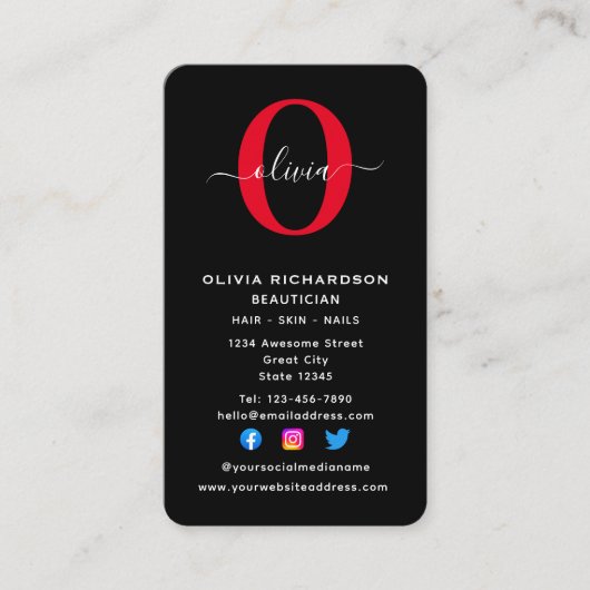 Schwarz-weißer Name für ein Monogramm-Script Visitenkarte (Vorderseite)