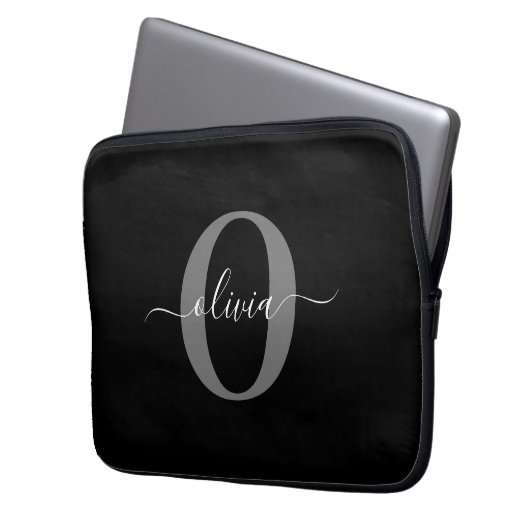 Schwarz-weißer Name für Monogramm-Skript Laptopschutzhülle (Vorderseite Links)
