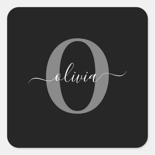 Schwarz-weißer Name für Monogramm-Skript Quadratischer Aufkleber (Vorderseite)