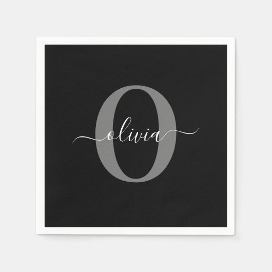 Schwarz-weißer Name für Monogramm-Skript Serviette (Vorderseite)