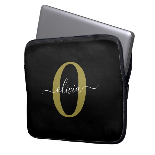 Schwarz-weißer Name für personalisierte Monogramm- Laptopschutzhülle (Vorderseite Links)