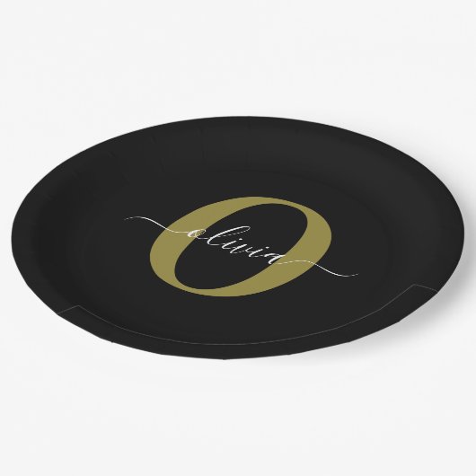 Schwarz-weißer Name für personalisierte Monogramm- Pappteller (Schrägansicht)