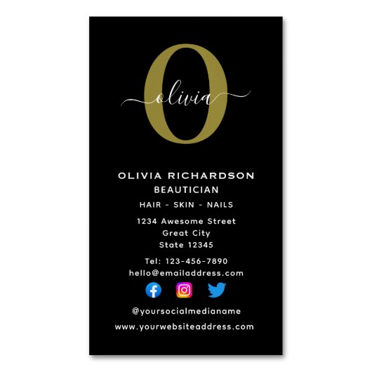 Schwarz-weißer Name für vertikale Monogramm-Skript Magnetische Visitenkarte (Vorderseite Vertikal)