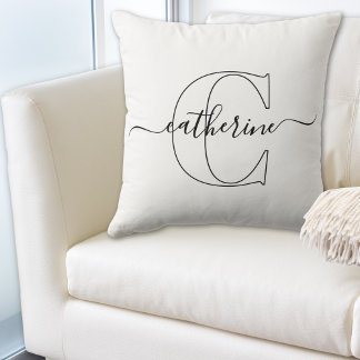 Schwarz-weißer Name Monogramm Moderne Schrift Mini Kissen