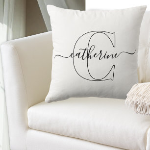 Schwarz-weißer Name Monogramm Moderne Schrift Mini Kissen