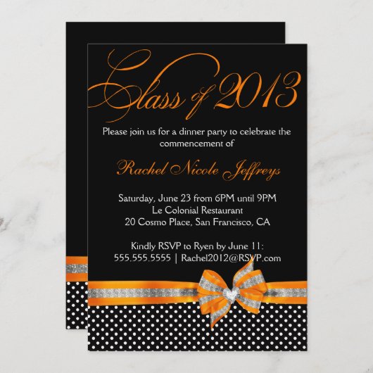 Schwarz-weißer Orange Polka Dot Abschluss Einladun Einladung (Vorne/Hinten)