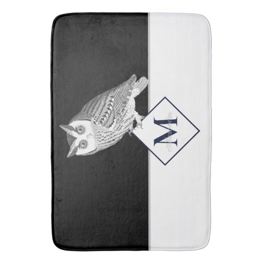 Schwarz-weißer Owl Grey Monogram Name Badezimmer Badematte (Vorderseite Vertikal)