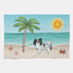 Schwarz-weißer Papillon-Hund am tropischen Sommers Geschirrtuch