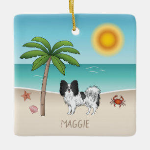 Schwarz-weißer Papillon-Hund am tropischen Sommers Keramikornament