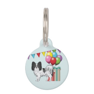 Schwarz-weißer Papillon-Hund Bunter Geburtstag Haustiermarke
