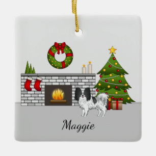 Schwarz-weißer Papillon in einem Weihnachtszimmer Keramikornament