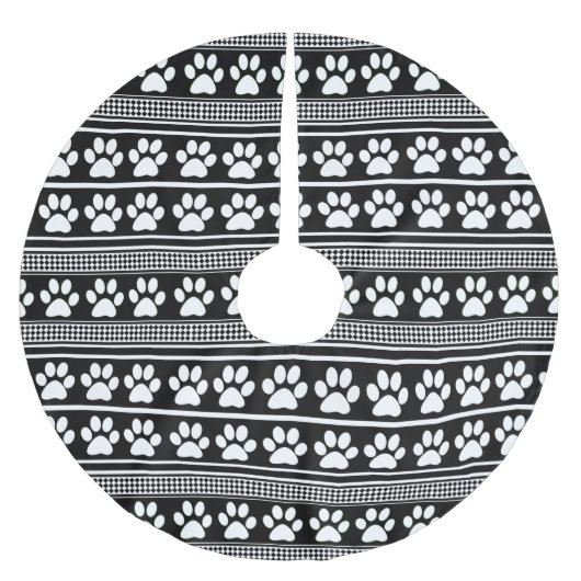 Schwarz-weißer Pfotenmuster-Baumrock Polyester Weihnachtsbaumdecke (Vorderseite)